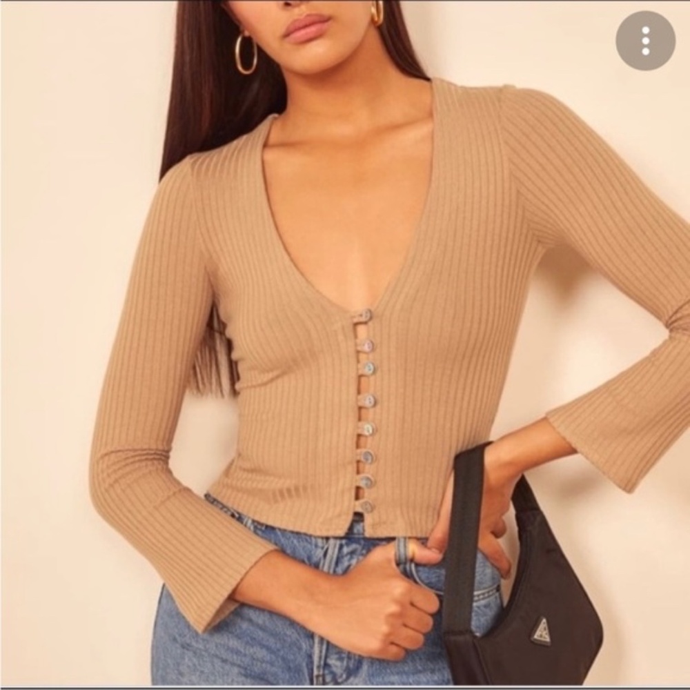 Reformation Ribbed Button-Front Top in Beige